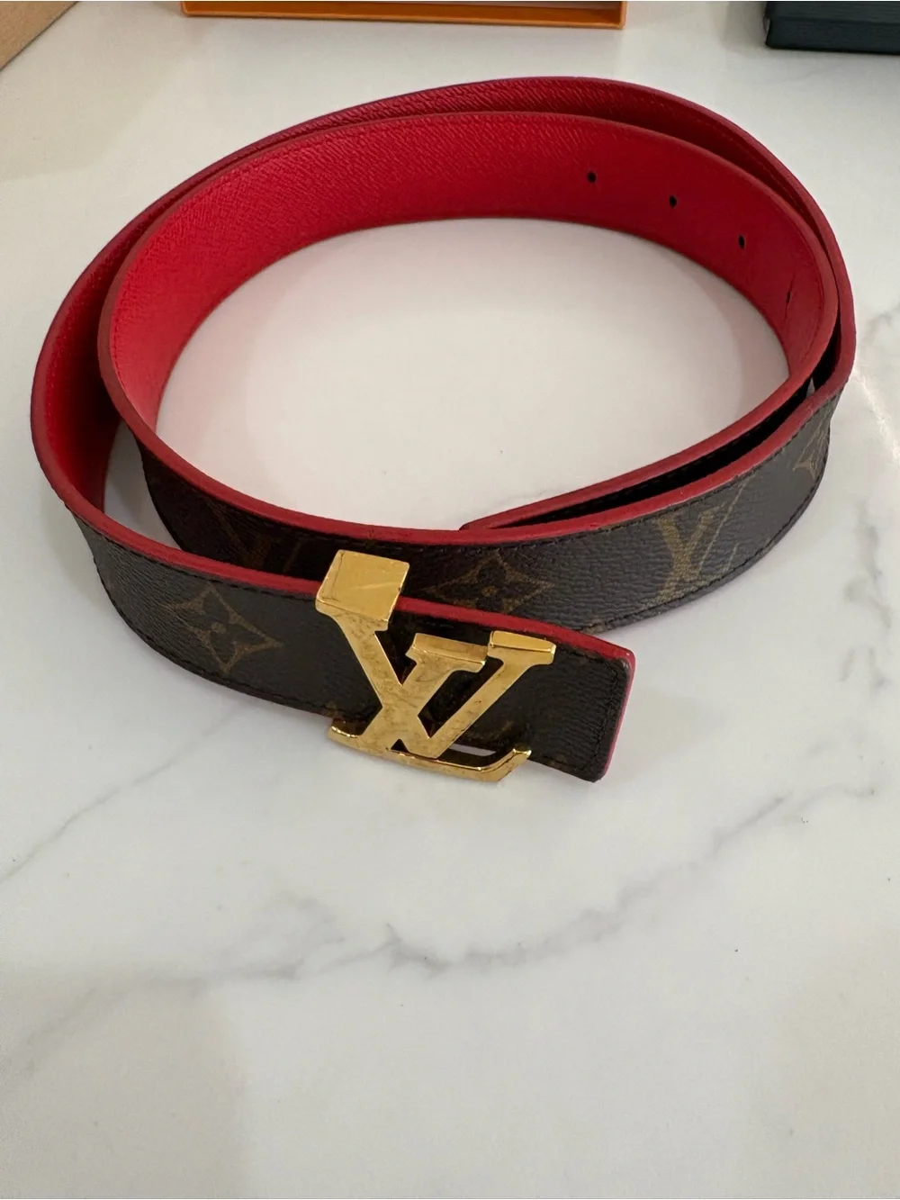 Louis Vuitton Brown Monogram Belt with Red Interior and Gold Buckle